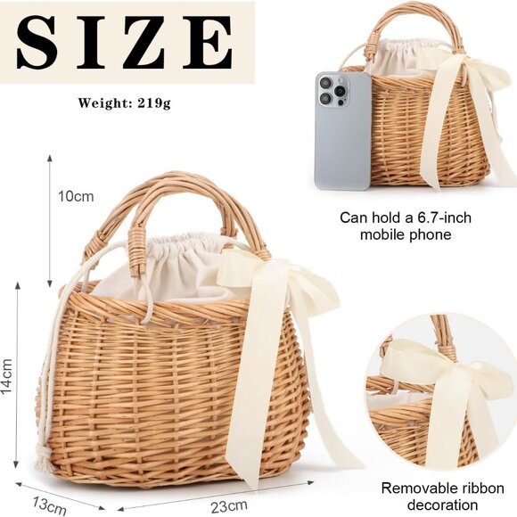 Natural Wicker Handbag Rattan Woven Basket Purse Straw Beach Tote for Women - Picture 2 of 8